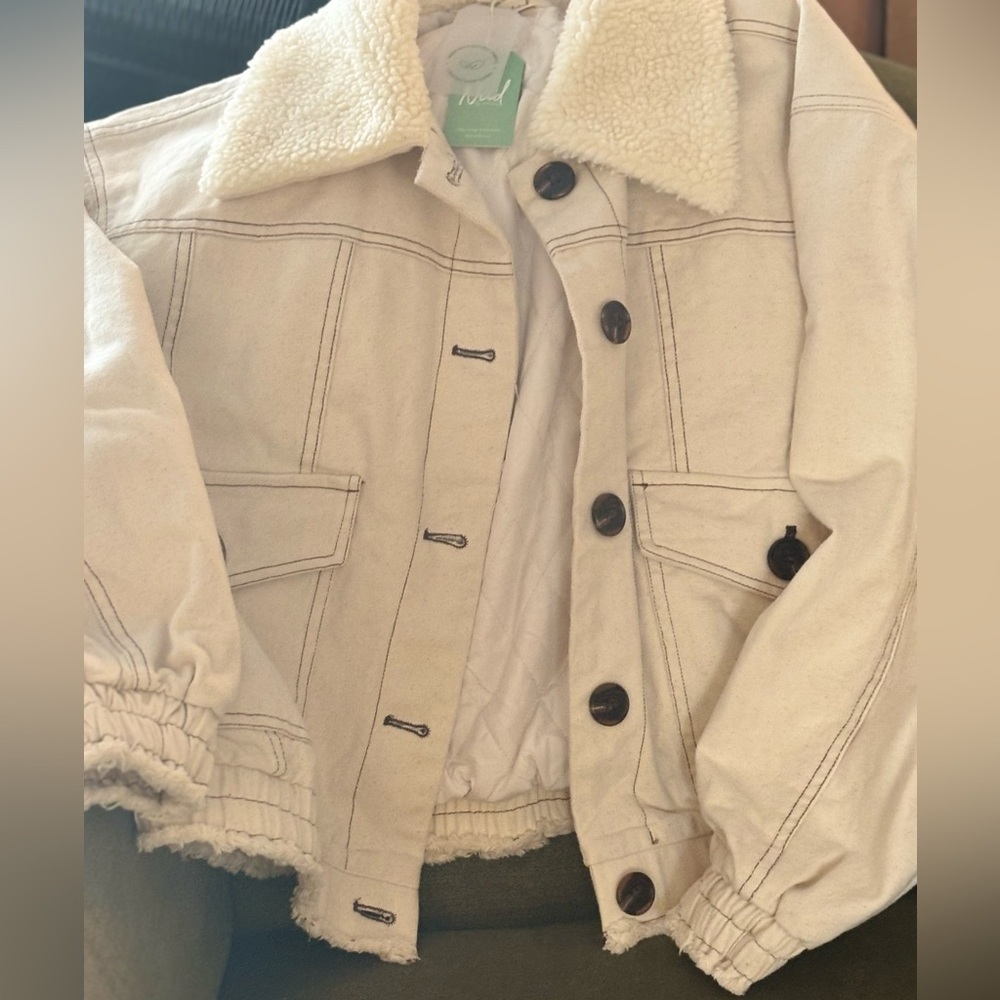 DENIM Cropped JACKET WITH SHEEPSKIN COLLAR  by Nekane/NKN IVORY M/L